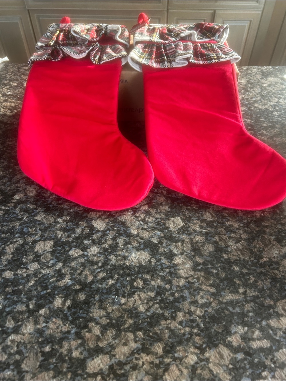 ASHLAND RED VELVER CHRISTMAS STOCKING W PLAID DOUBLE TRIM LOT OF 2 NWT